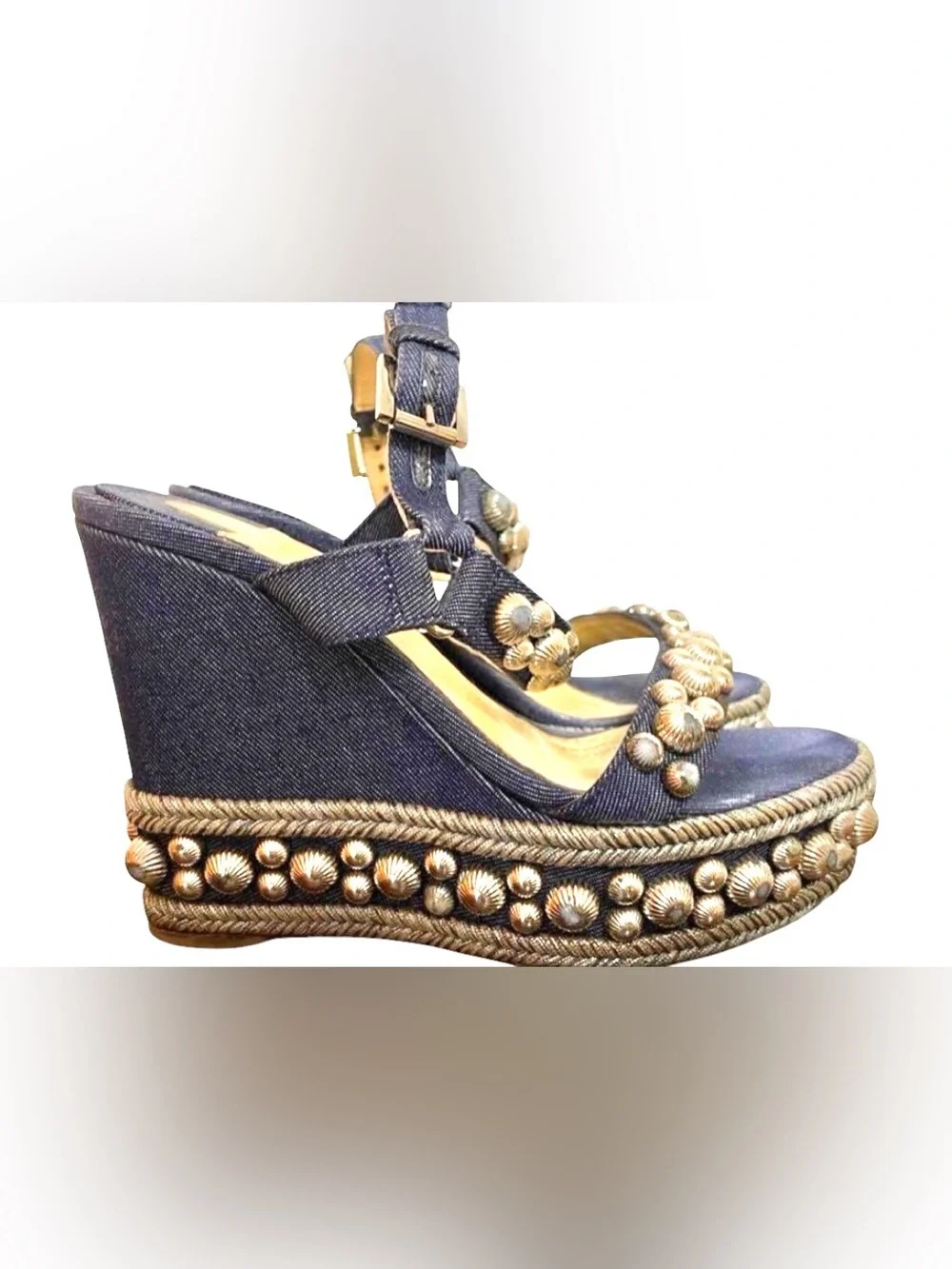 Christian Louboutin Denim 120 Rondaclou Wedge Studded Spike Sandals
